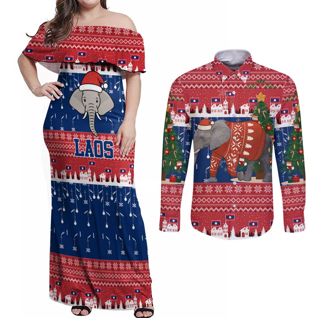 Laos Christmas Couples Matching Off Shoulder Maxi Dress and Long Sleeve Button Shirt with Festive Elephant Design and Holiday Village Pattern - Wonder Print Shop