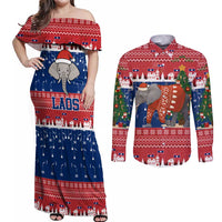 Laos Christmas Couples Matching Off Shoulder Maxi Dress and Long Sleeve Button Shirt with Festive Elephant Design and Holiday Village Pattern - Wonder Print Shop