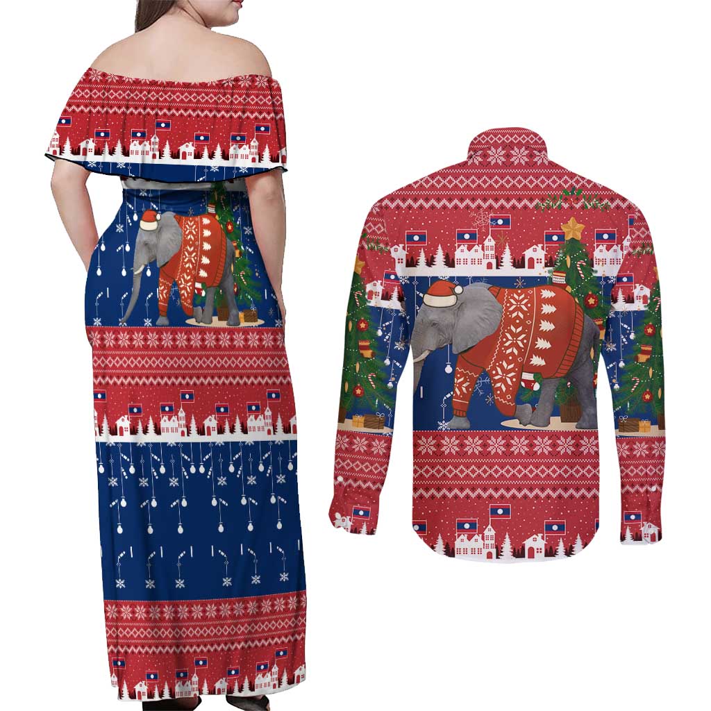 Laos Christmas Couples Matching Off Shoulder Maxi Dress and Long Sleeve Button Shirt with Festive Elephant Design and Holiday Village Pattern - Wonder Print Shop