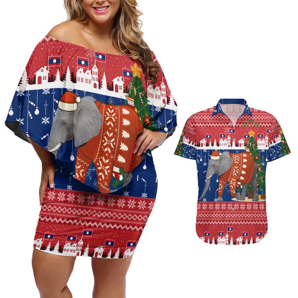 Laos Christmas Couples Matching Off Shoulder Short Dress and Hawaiian Shirt with Festive Elephant Design and Holiday Village Pattern - Wonder Print Shop