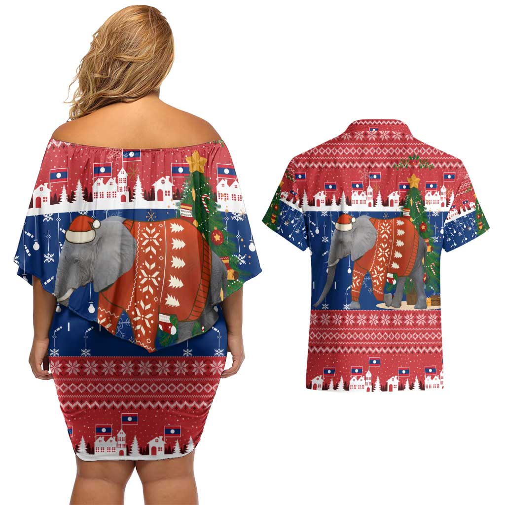 Laos Christmas Couples Matching Off Shoulder Short Dress and Hawaiian Shirt with Festive Elephant Design and Holiday Village Pattern - Wonder Print Shop