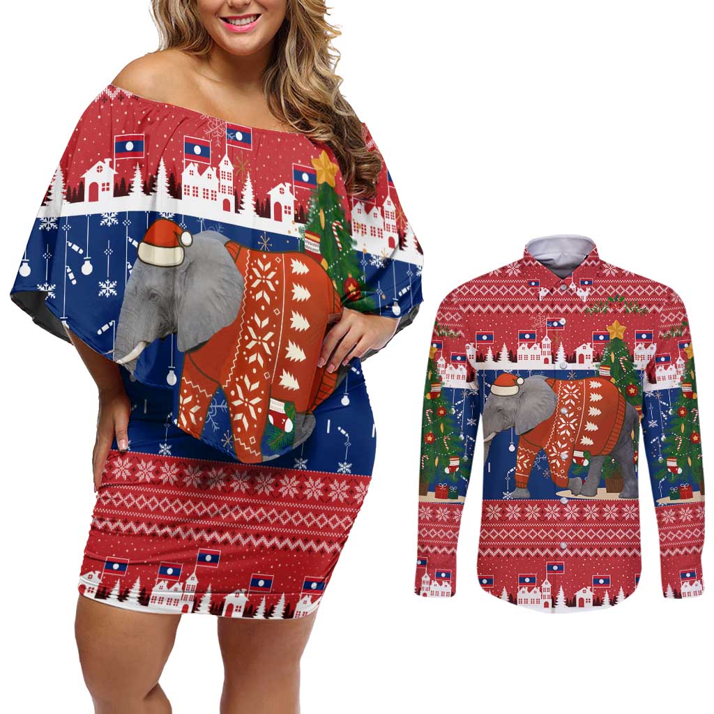 Laos Christmas Couples Matching Off Shoulder Short Dress and Long Sleeve Button Shirt with Festive Elephant Design and Holiday Village Pattern - Wonder Print Shop
