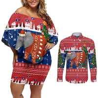 Laos Christmas Couples Matching Off Shoulder Short Dress and Long Sleeve Button Shirt with Festive Elephant Design and Holiday Village Pattern - Wonder Print Shop