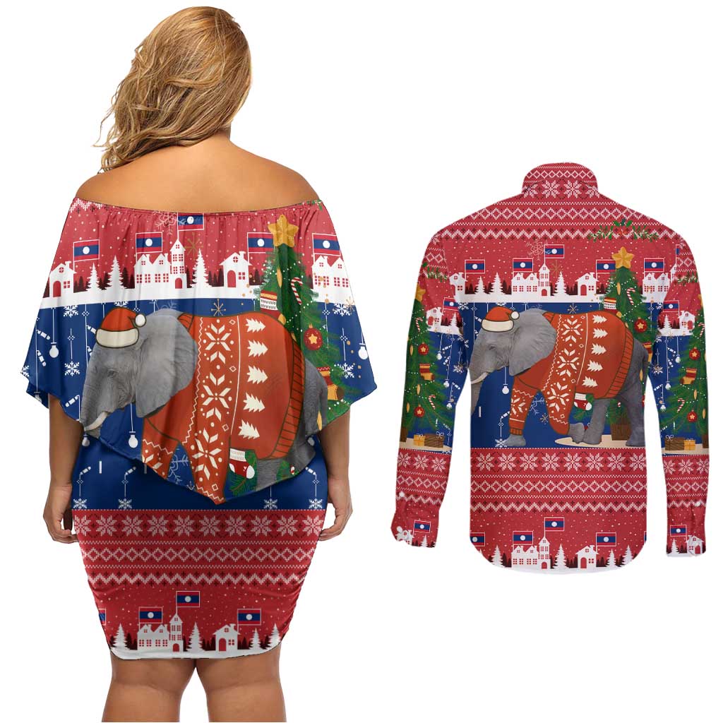 Laos Christmas Couples Matching Off Shoulder Short Dress and Long Sleeve Button Shirt with Festive Elephant Design and Holiday Village Pattern - Wonder Print Shop