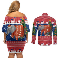 Laos Christmas Couples Matching Off Shoulder Short Dress and Long Sleeve Button Shirt with Festive Elephant Design and Holiday Village Pattern - Wonder Print Shop