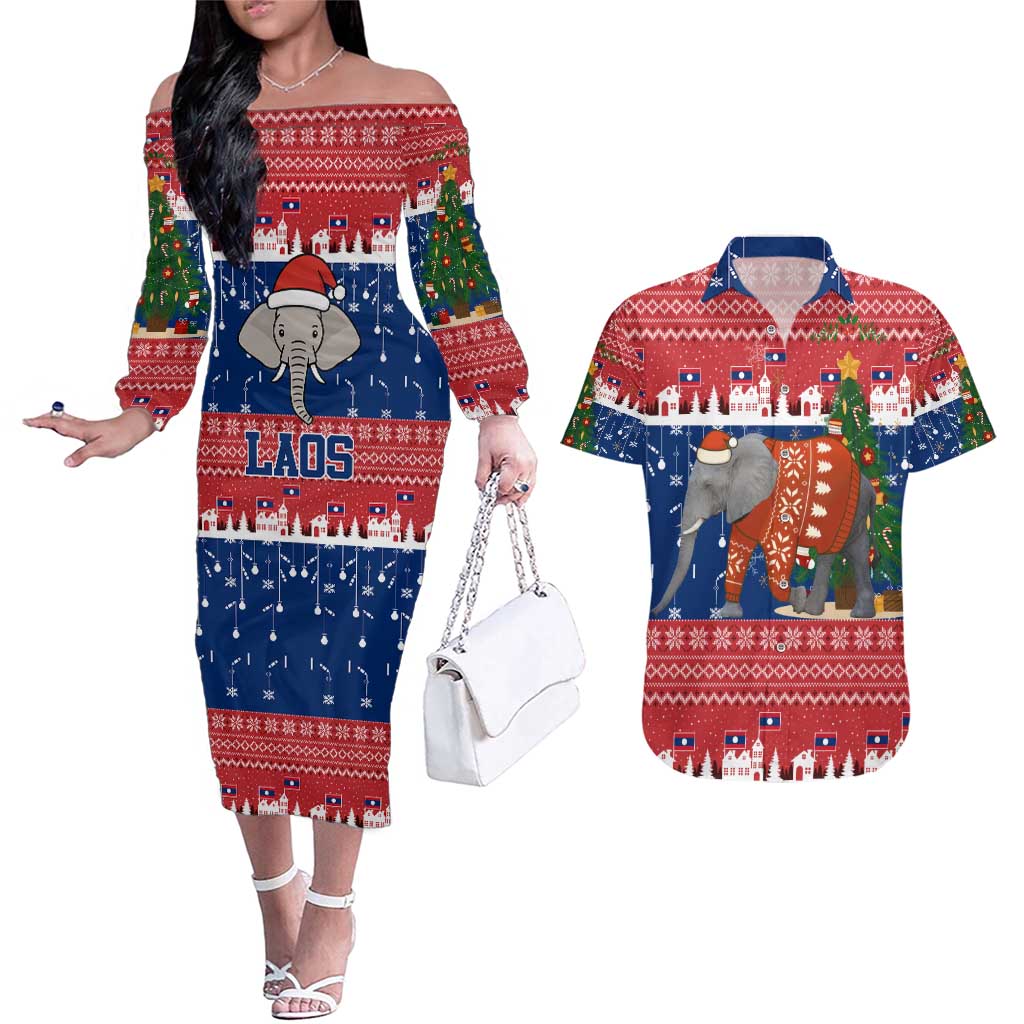 Laos Christmas Couples Matching Off The Shoulder Long Sleeve Dress and Hawaiian Shirt with Festive Elephant Design and Holiday Village Pattern - Wonder Print Shop
