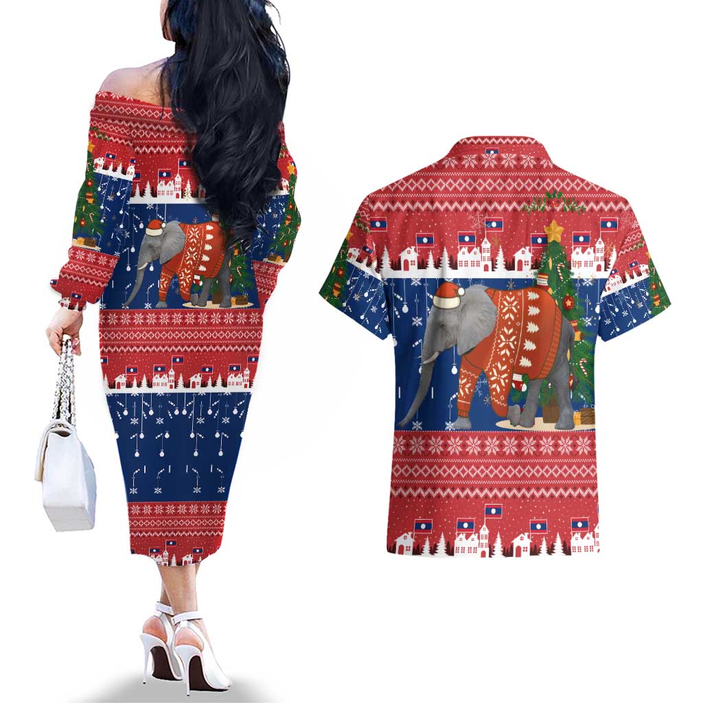 Laos Christmas Couples Matching Off The Shoulder Long Sleeve Dress and Hawaiian Shirt with Festive Elephant Design and Holiday Village Pattern - Wonder Print Shop