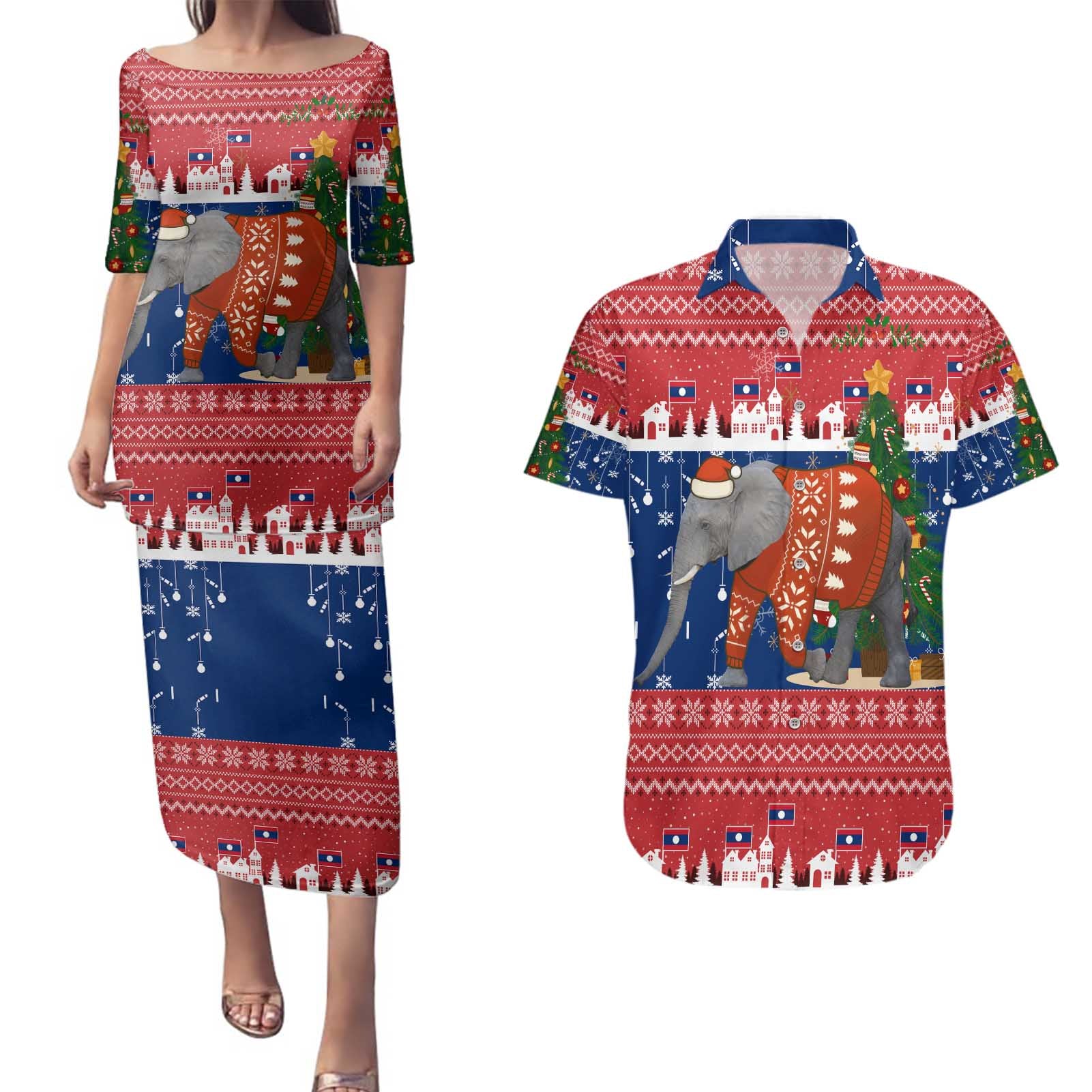 Laos Christmas Couples Matching Puletasi and Hawaiian Shirt with Festive Elephant Design and Holiday Village Pattern - Wonder Print Shop
