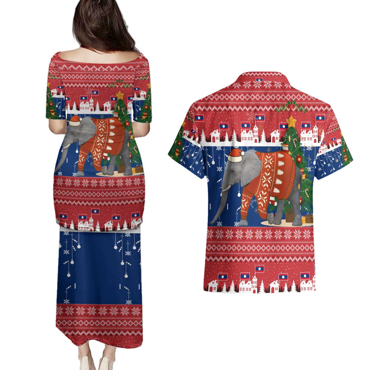 Laos Christmas Couples Matching Puletasi and Hawaiian Shirt with Festive Elephant Design and Holiday Village Pattern - Wonder Print Shop
