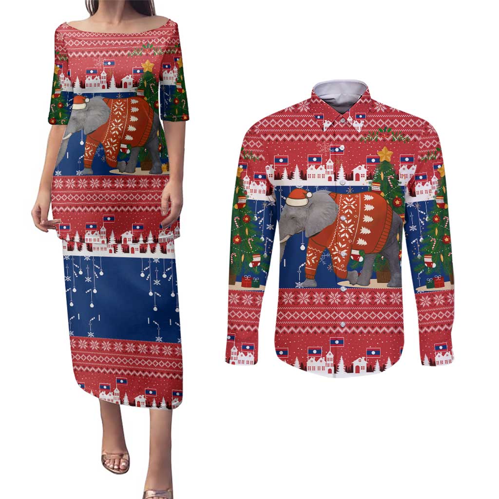 Laos Christmas Couples Matching Puletasi and Long Sleeve Button Shirt with Festive Elephant Design and Holiday Village Pattern - Wonder Print Shop