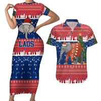 Laos Christmas Couples Matching Short Sleeve Bodycon Dress and Hawaiian Shirt with Festive Elephant Design and Holiday Village Pattern - Wonder Print Shop