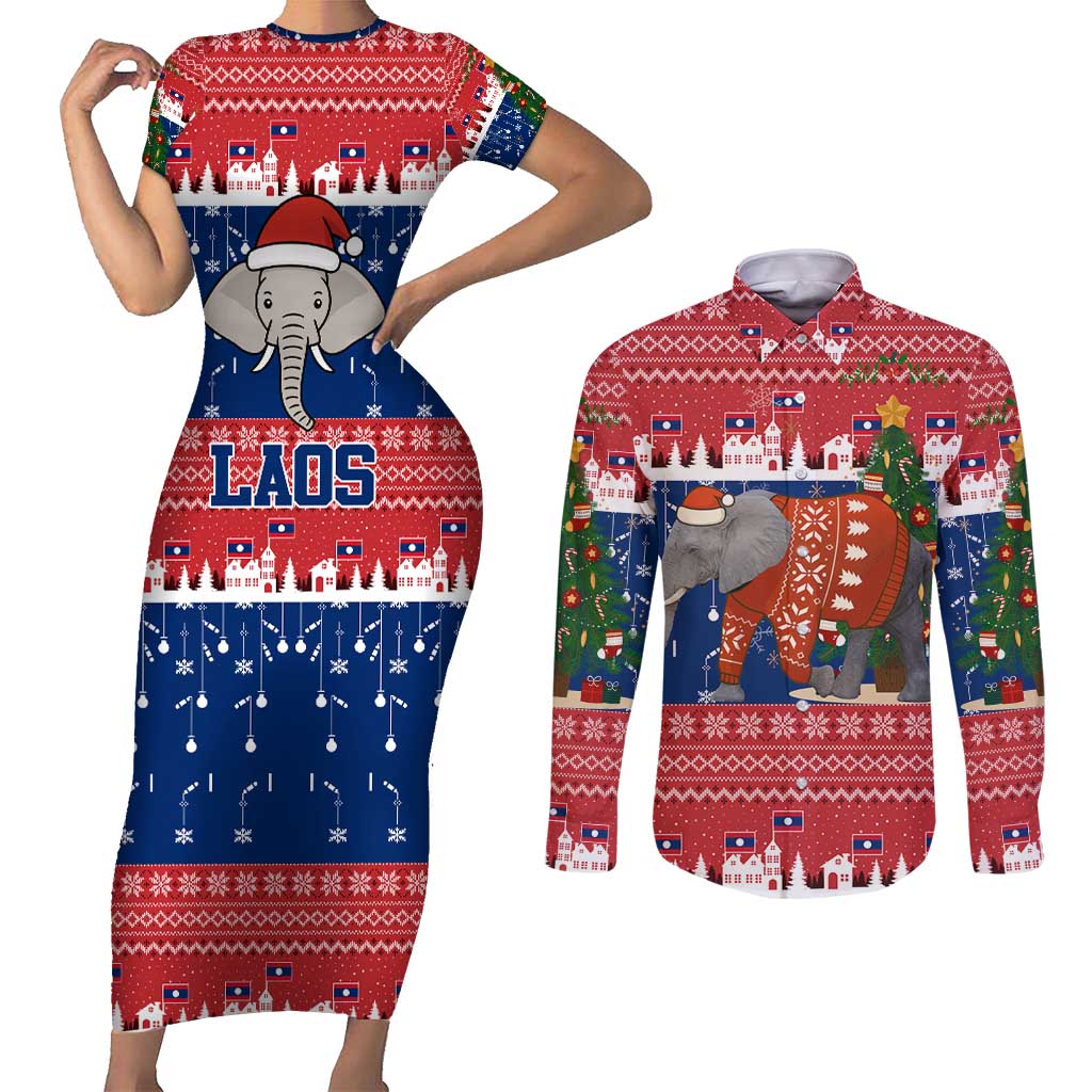 Laos Christmas Couples Matching Short Sleeve Bodycon Dress and Long Sleeve Button Shirt with Festive Elephant Design and Holiday Village Pattern - Wonder Print Shop