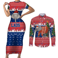 Laos Christmas Couples Matching Short Sleeve Bodycon Dress and Long Sleeve Button Shirt with Festive Elephant Design and Holiday Village Pattern - Wonder Print Shop