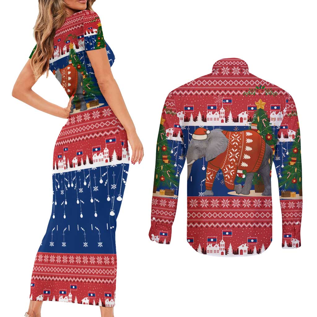 Laos Christmas Couples Matching Short Sleeve Bodycon Dress and Long Sleeve Button Shirt with Festive Elephant Design and Holiday Village Pattern - Wonder Print Shop