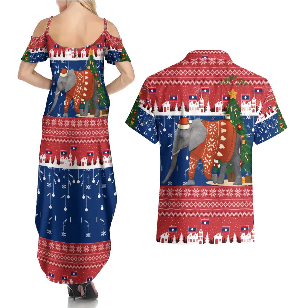 Laos Christmas Couples Matching Summer Maxi Dress and Hawaiian Shirt with Festive Elephant Design and Holiday Village Pattern - undefined