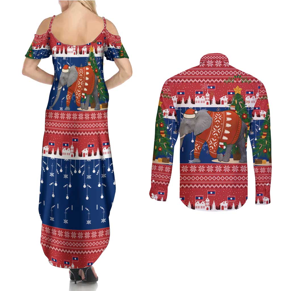 Laos Christmas Couples Matching Summer Maxi Dress and Long Sleeve Button Shirt with Festive Elephant Design and Holiday Village Pattern - Wonder Print Shop
