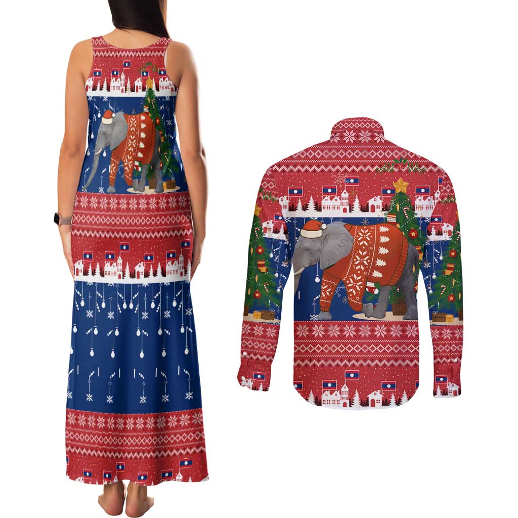 Laos Christmas Couples Matching Tank Maxi Dress and Long Sleeve Button Shirt with Festive Elephant Design and Holiday Village Pattern - Wonder Print Shop