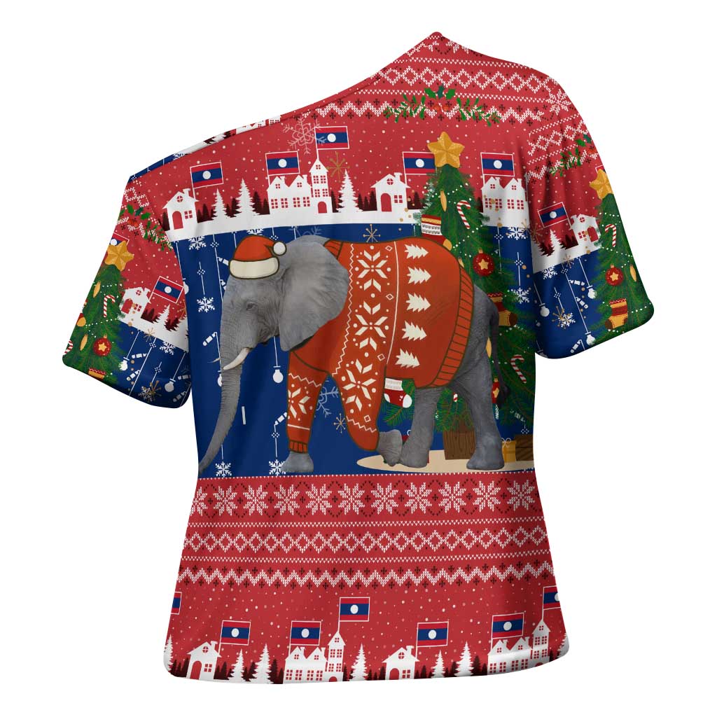 Laos Christmas Cross Shoulder Shirt with Festive Elephant Design and Holiday Village Pattern - Wonder Print Shop