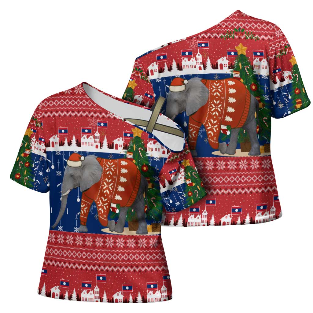 Laos Christmas Cross Shoulder Shirt with Festive Elephant Design and Holiday Village Pattern - Wonder Print Shop