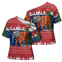 Laos Christmas Cross Shoulder Shirt with Festive Elephant Design and Holiday Village Pattern - Wonder Print Shop