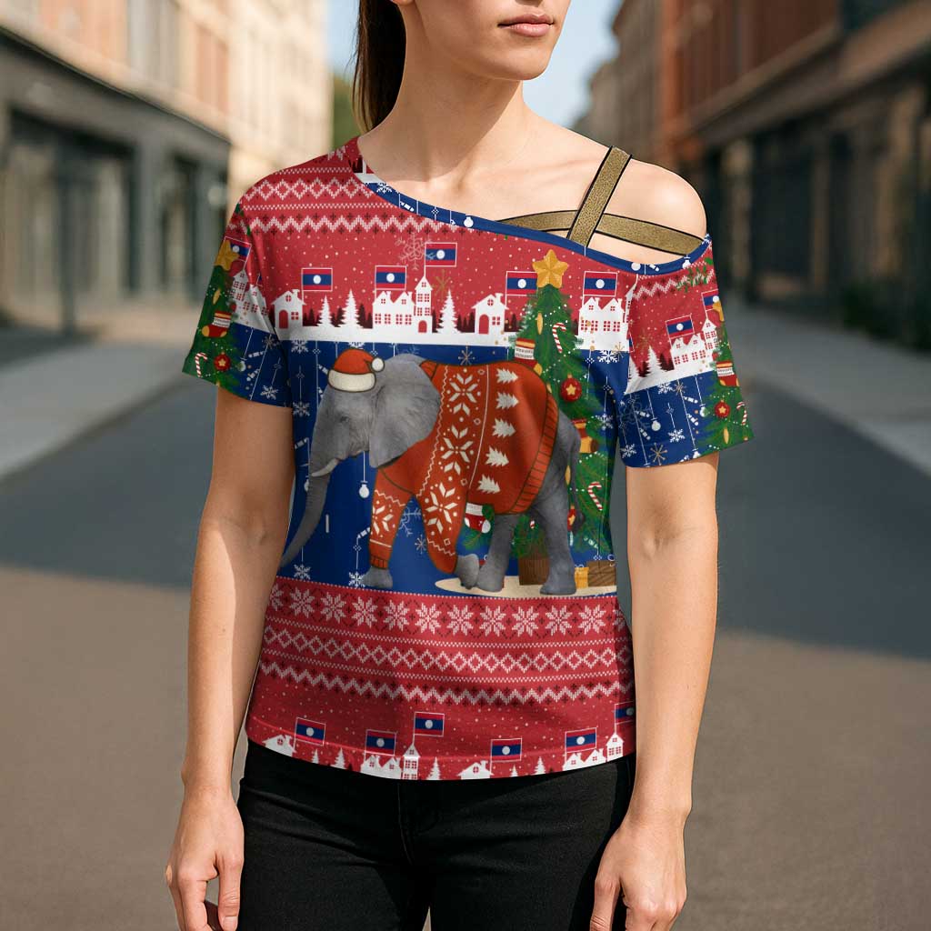 Laos Christmas Cross Shoulder Shirt with Festive Elephant Design and Holiday Village Pattern - Wonder Print Shop