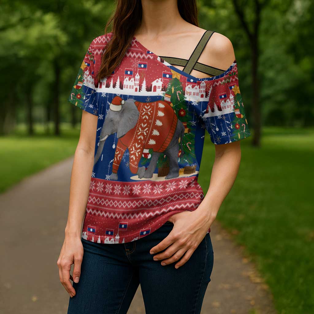 Laos Christmas Cross Shoulder Shirt with Festive Elephant Design and Holiday Village Pattern - Wonder Print Shop