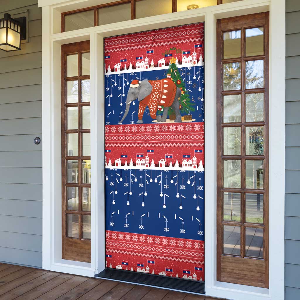 Laos Christmas Door Cover with Festive Elephant Design and Holiday Village Pattern - Wonder Print Shop