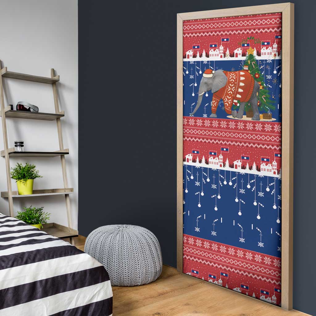 Laos Christmas Door Cover with Festive Elephant Design and Holiday Village Pattern - Wonder Print Shop