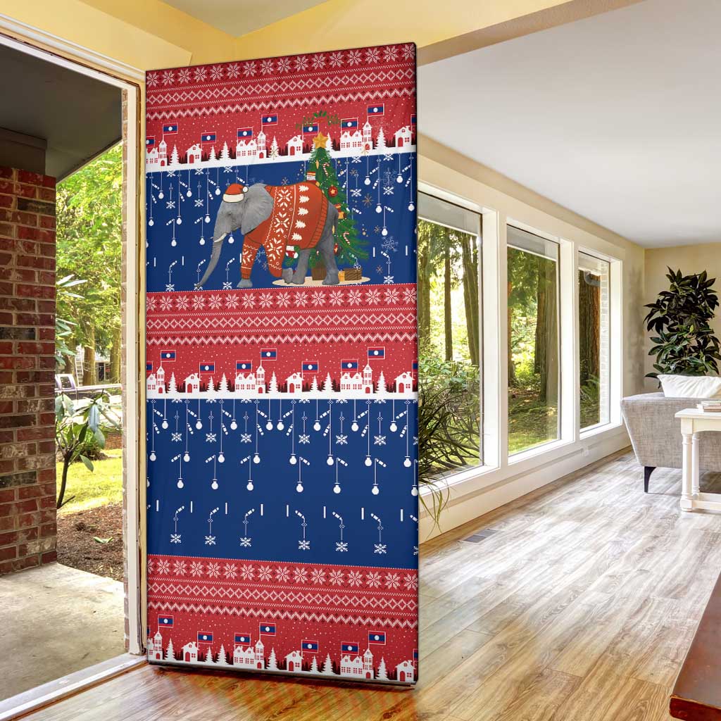 Laos Christmas Door Cover with Festive Elephant Design and Holiday Village Pattern - Wonder Print Shop