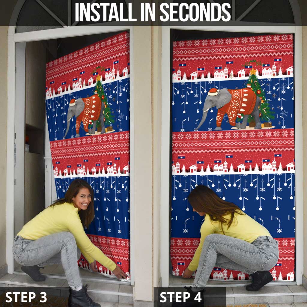 Laos Christmas Door Cover with Festive Elephant Design and Holiday Village Pattern - Wonder Print Shop