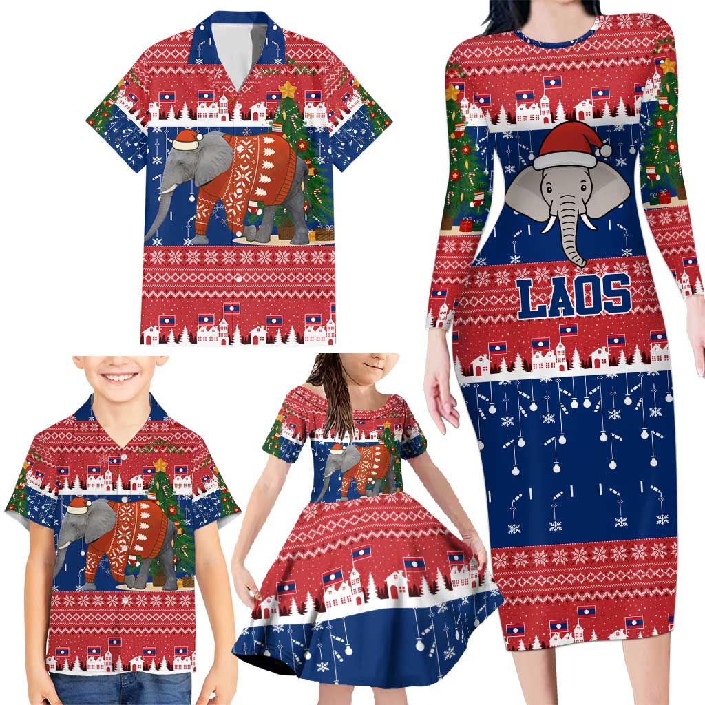 Laos Christmas Family Matching Long Sleeve Bodycon Dress and Hawaiian Shirt with Festive Elephant Design and Holiday Village Pattern - Wonder Print Shop