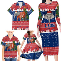 Laos Christmas Family Matching Long Sleeve Bodycon Dress and Hawaiian Shirt with Festive Elephant Design and Holiday Village Pattern - Wonder Print Shop