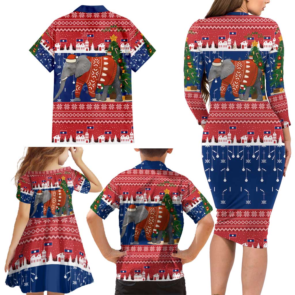 Laos Christmas Family Matching Long Sleeve Bodycon Dress and Hawaiian Shirt with Festive Elephant Design and Holiday Village Pattern - Wonder Print Shop