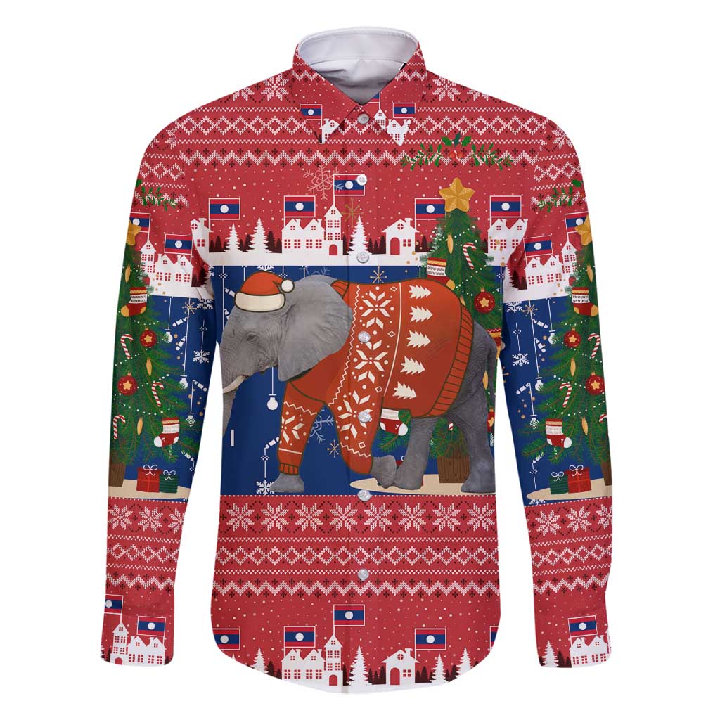 Laos Christmas Family Matching Long Sleeve Bodycon Dress and Hawaiian Shirt with Festive Elephant Design and Holiday Village Pattern - Wonder Print Shop