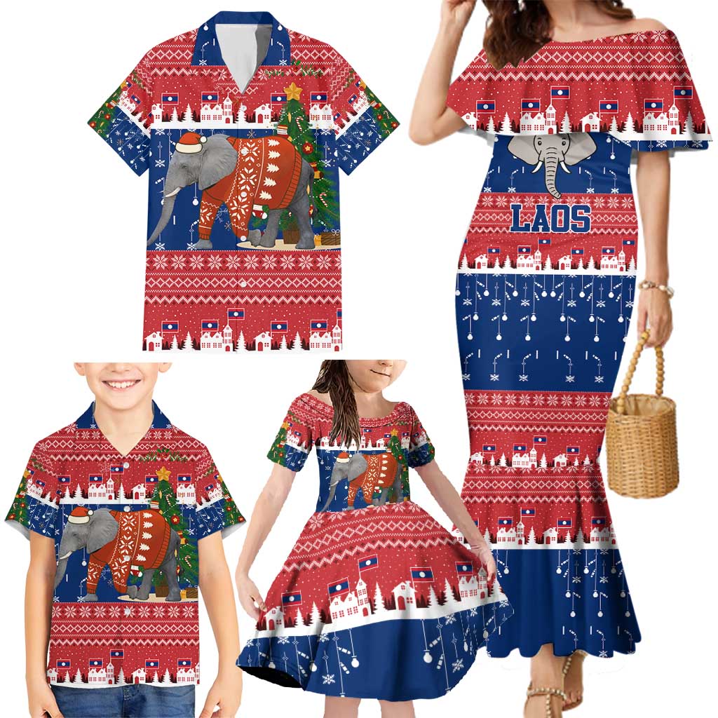 Laos Christmas Family Matching Mermaid Dress and Hawaiian Shirt with Festive Elephant Design and Holiday Village Pattern - Wonder Print Shop