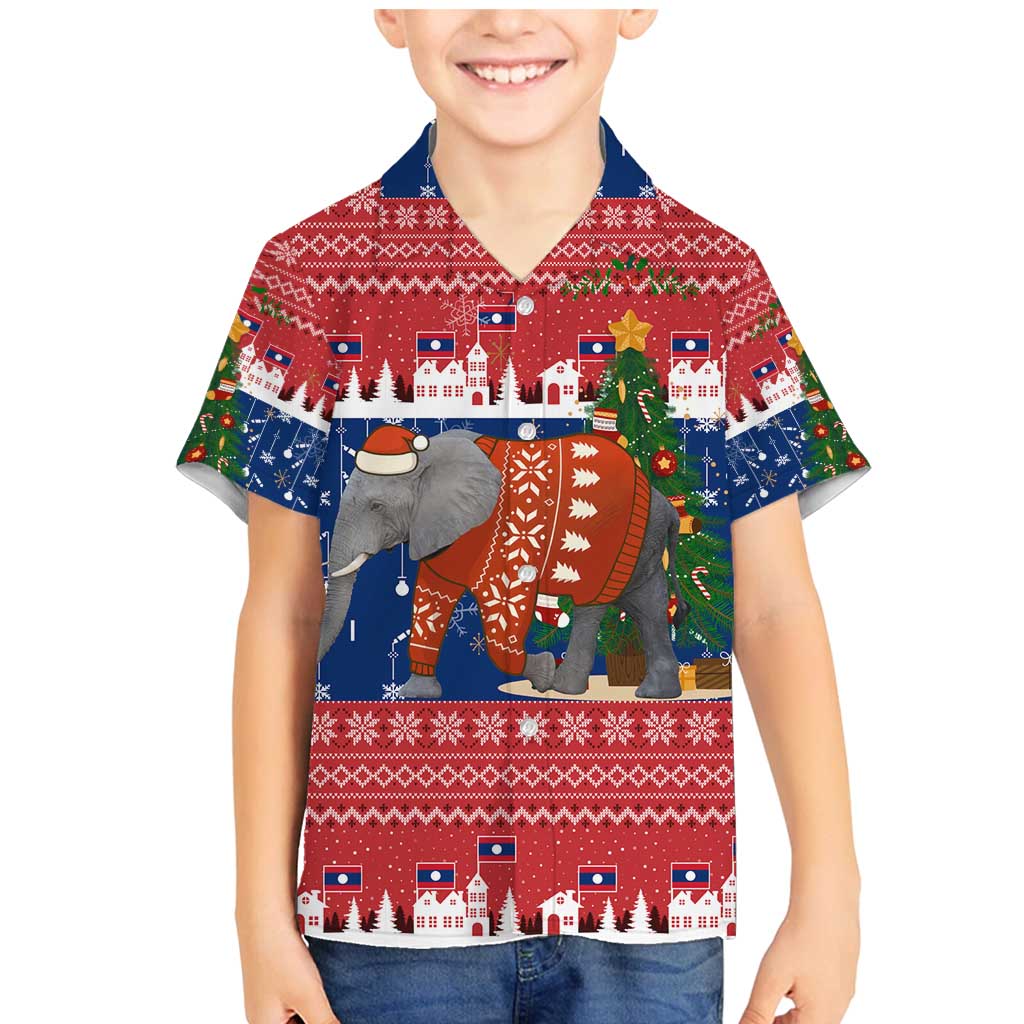 Laos Christmas Family Matching Mermaid Dress and Hawaiian Shirt with Festive Elephant Design and Holiday Village Pattern - Wonder Print Shop