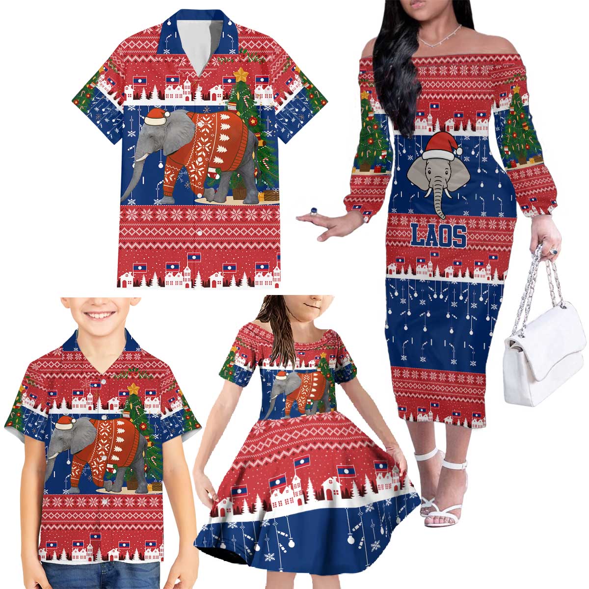 Laos Christmas Family Matching Off The Shoulder Long Sleeve Dress and Hawaiian Shirt with Festive Elephant Design and Holiday Village Pattern - Wonder Print Shop