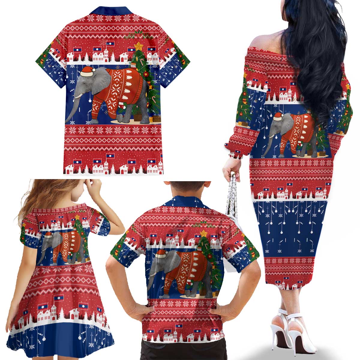 Laos Christmas Family Matching Off The Shoulder Long Sleeve Dress and Hawaiian Shirt with Festive Elephant Design and Holiday Village Pattern - Wonder Print Shop
