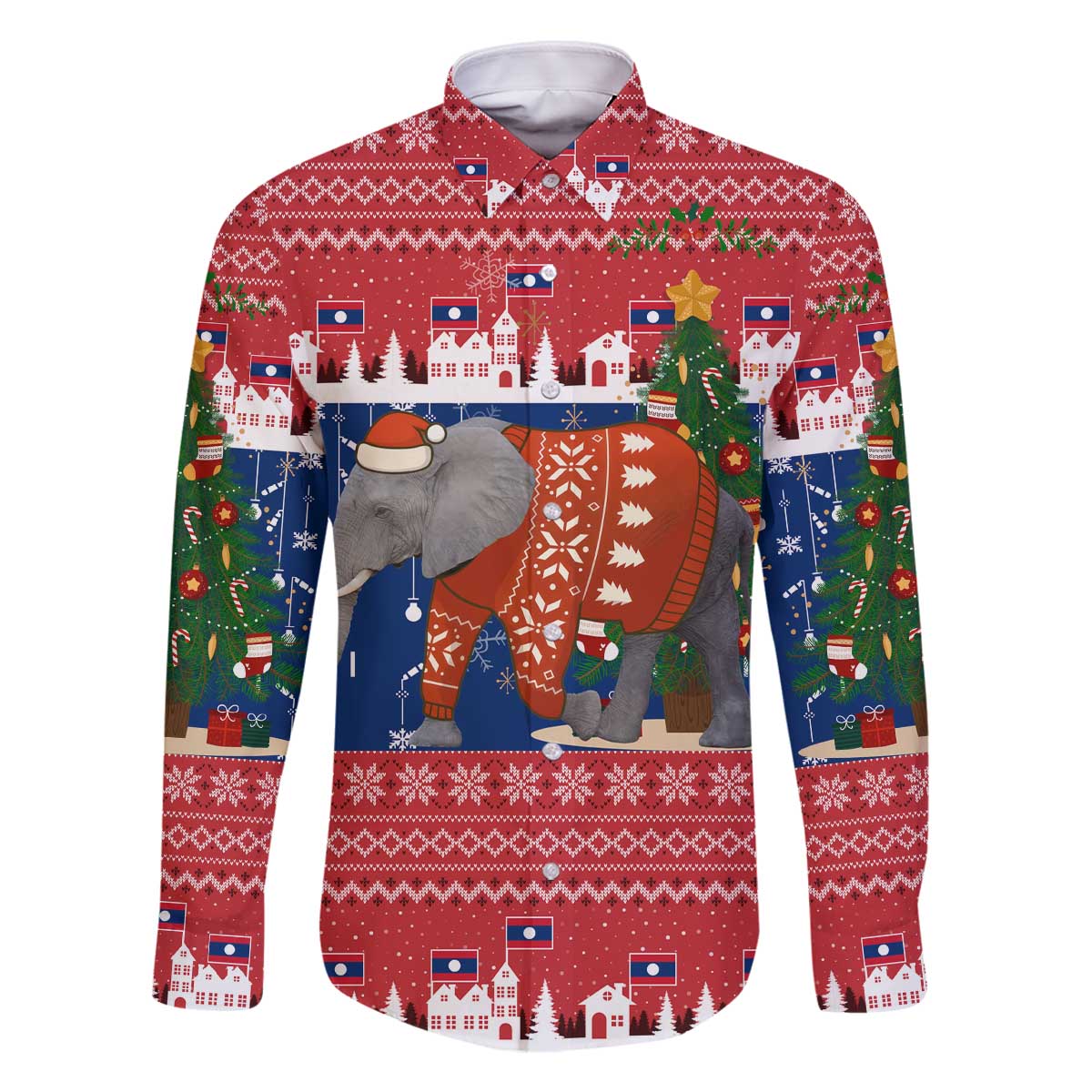 Laos Christmas Family Matching Off The Shoulder Long Sleeve Dress and Hawaiian Shirt with Festive Elephant Design and Holiday Village Pattern - Wonder Print Shop