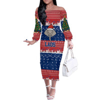 Laos Christmas Family Matching Off The Shoulder Long Sleeve Dress and Hawaiian Shirt with Festive Elephant Design and Holiday Village Pattern - Wonder Print Shop