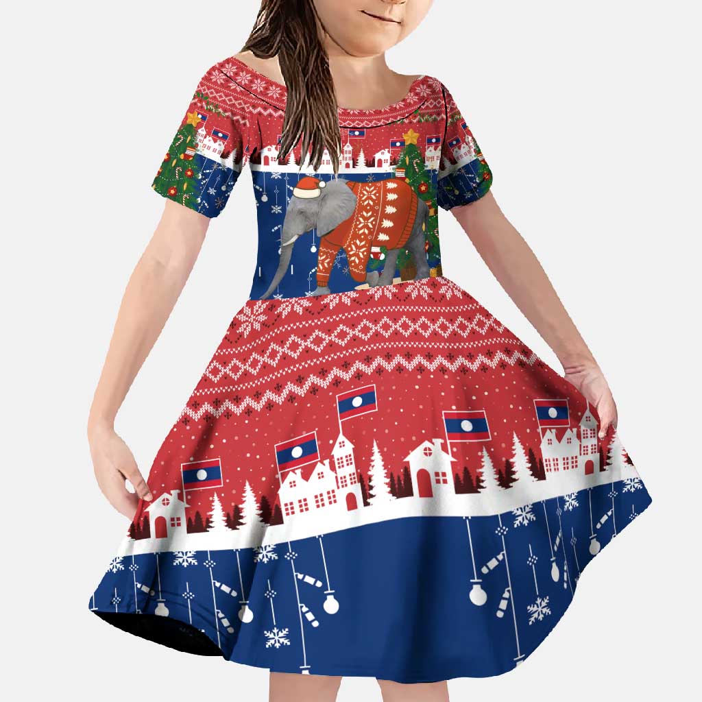 Laos Christmas Family Matching Off Shoulder Maxi Dress and Hawaiian Shirt with Festive Elephant Design and Holiday Village Pattern - Wonder Print Shop