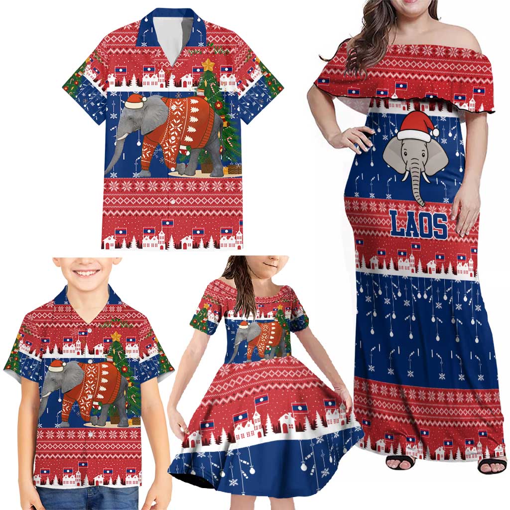 Laos Christmas Family Matching Off Shoulder Maxi Dress and Hawaiian Shirt with Festive Elephant Design and Holiday Village Pattern - Wonder Print Shop