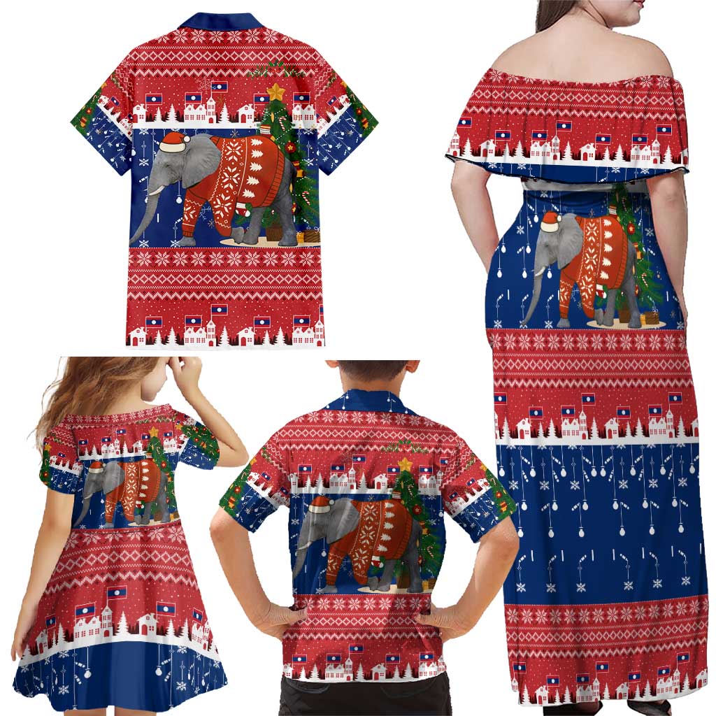 Laos Christmas Family Matching Off Shoulder Maxi Dress and Hawaiian Shirt with Festive Elephant Design and Holiday Village Pattern - Wonder Print Shop