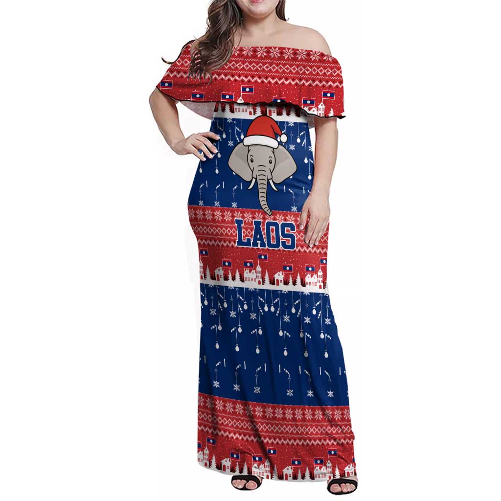 Laos Christmas Family Matching Off Shoulder Maxi Dress and Hawaiian Shirt with Festive Elephant Design and Holiday Village Pattern - Wonder Print Shop