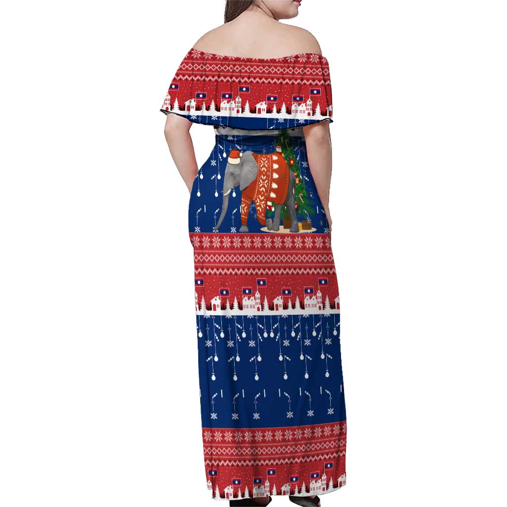 Laos Christmas Family Matching Off Shoulder Maxi Dress and Hawaiian Shirt with Festive Elephant Design and Holiday Village Pattern - Wonder Print Shop