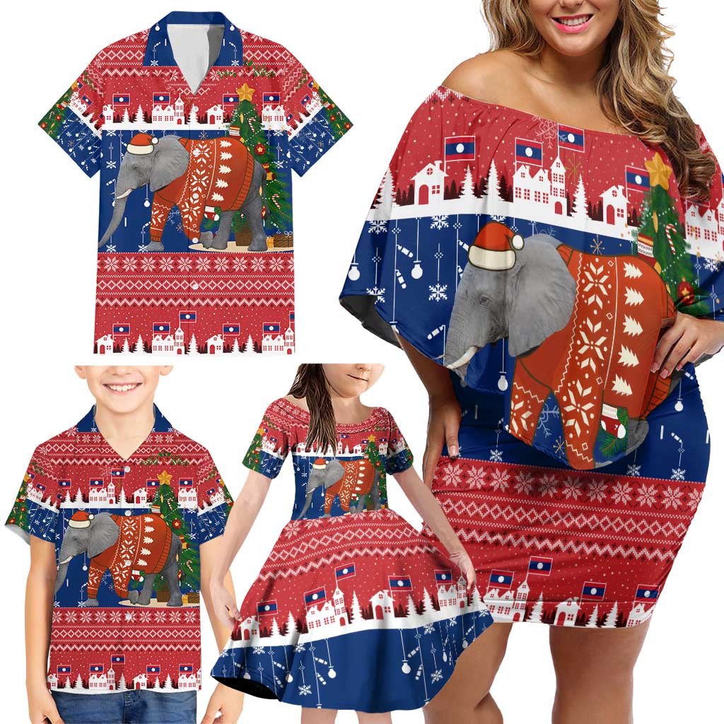 Laos Christmas Family Matching Off Shoulder Short Dress and Hawaiian Shirt with Festive Elephant Design and Holiday Village Pattern - Wonder Print Shop