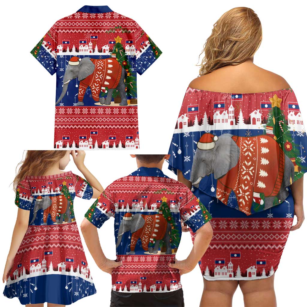 Laos Christmas Family Matching Off Shoulder Short Dress and Hawaiian Shirt with Festive Elephant Design and Holiday Village Pattern - Wonder Print Shop