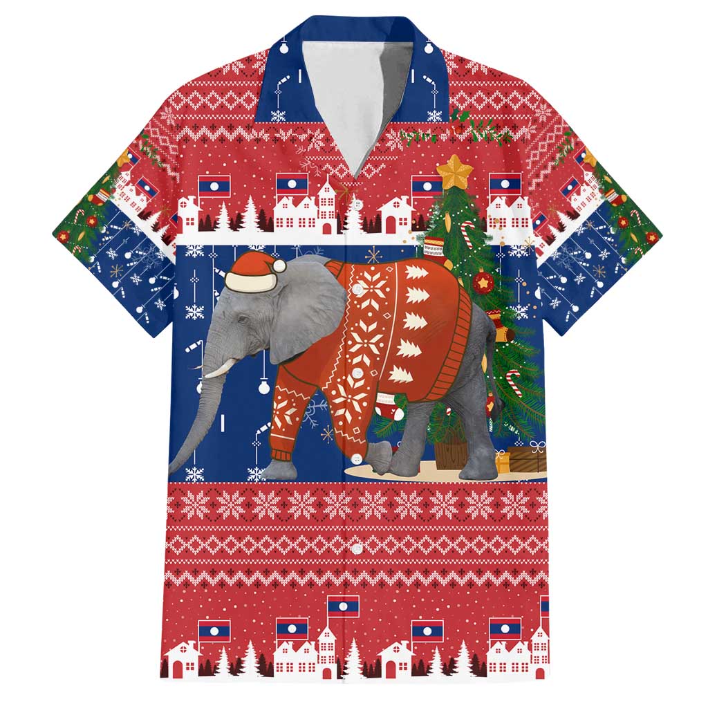 Laos Christmas Family Matching Off Shoulder Short Dress and Hawaiian Shirt with Festive Elephant Design and Holiday Village Pattern - Wonder Print Shop