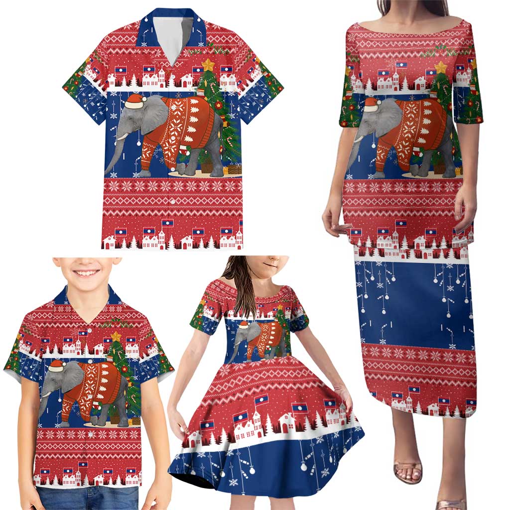 Laos Christmas Family Matching Puletasi and Hawaiian Shirt with Festive Elephant Design and Holiday Village Pattern - Wonder Print Shop