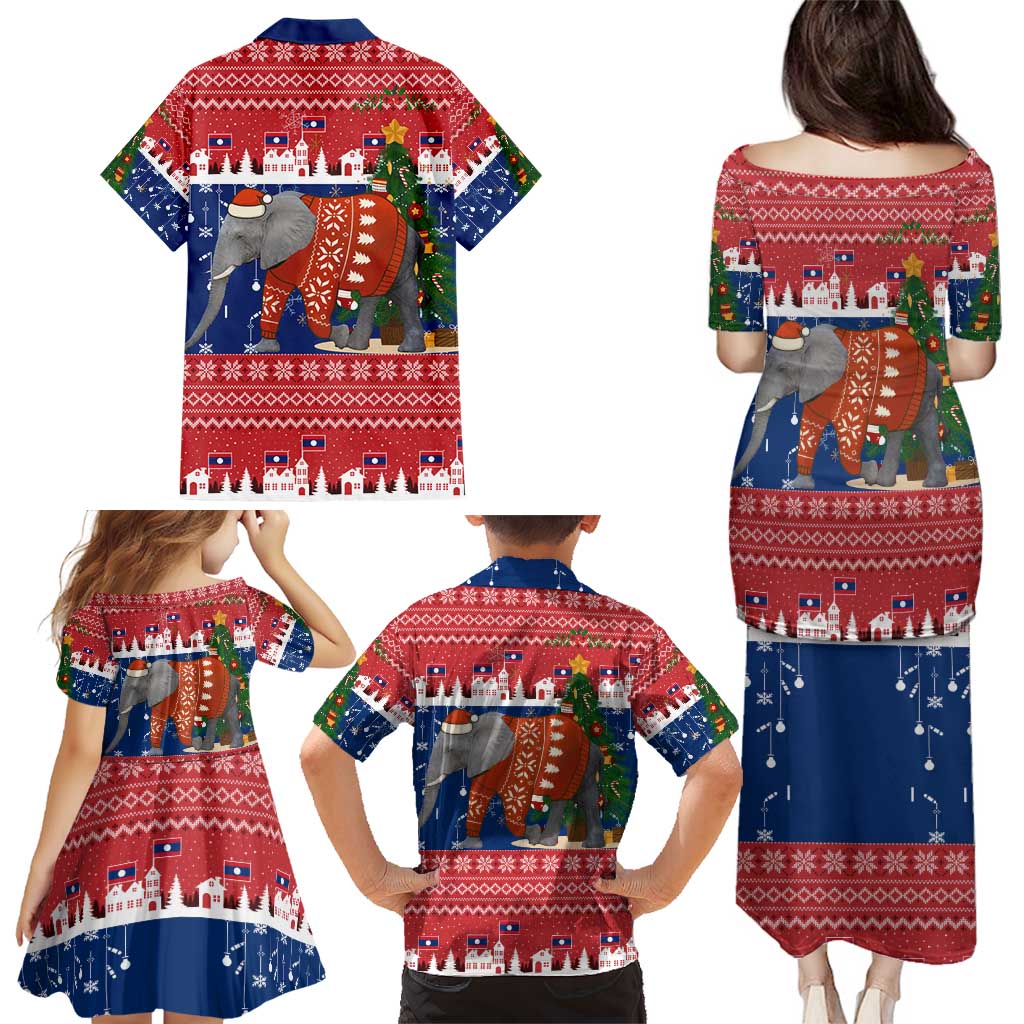 Laos Christmas Family Matching Puletasi and Hawaiian Shirt with Festive Elephant Design and Holiday Village Pattern - Wonder Print Shop